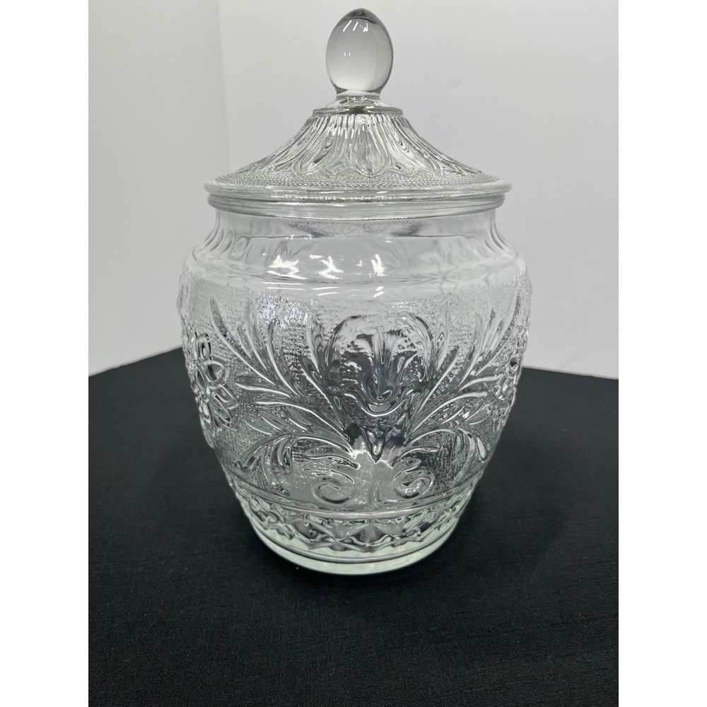 Vintage Clear Pressed Glass Floral Embossed Canister Jar with Lid 10.5 Inch